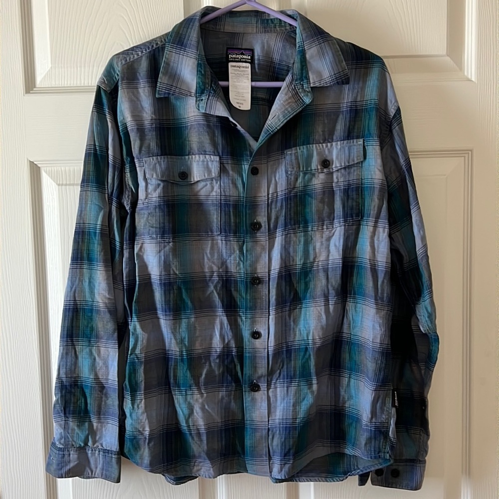 Patagonia Cotton Blend Shades of Blue Plaid Button Down, Sz M